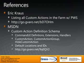 ReferencesUrlActionTokens{ListId}GUID representation of the list{SiteUrl}References the URL of the SPWeb context the action is called from{RecurrenceId}Unsupported in context menushttp://go.gvaro.net/bHaqaQTwitter: @gvaroEmail: gvarosky@grace-hunt.comBlog: www.geoffvarosky.comCompany: www.grace-hunt.com