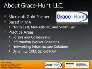 About Grace-Hunt, LLC.Microsoft Gold PartnerBased in MANorth East, Mid-Atlantic, and South EastPractice AreasPortals and CollaborationInformation Worker SolutionsNetworking Infrastructure SolutionsDynamics CRM, SL, GP, NAVTwitter: @gvaroEmail: gvarosky@grace-hunt.comBlog: www.geoffvarosky.comCompany: www.grace-hunt.com