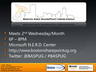 Speaking EngagementsSharePoint Technology ConferenceOctober 20th – 22nd, Boston, MASharePoint Customization: Overcoming Hurdles and Avoiding Pain (with Mark Rackley)Creating Custom Actions in SharePointhttp://www.sptechcon.comTwitter: @gvaroEmail: gvarosky@grace-hunt.comBlog: www.geoffvarosky.comCompany: www.grace-hunt.com