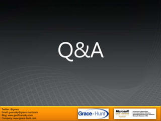 Meets 2nd Wednesday/Month6P – 8PMMicrosoft N.E.R.D. Centerhttp://www.bostonsharepointug.orgTwitter: @BASPUG / #BASPUGTwitter: @gvaroEmail: gvarosky@grace-hunt.comBlog: www.geoffvarosky.comCompany: www.grace-hunt.com