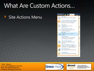What Are Custom Actions…Site Actions MenuTwitter: @gvaroEmail: gvarosky@grace-hunt.comBlog: www.geoffvarosky.comCompany: www.grace-hunt.com