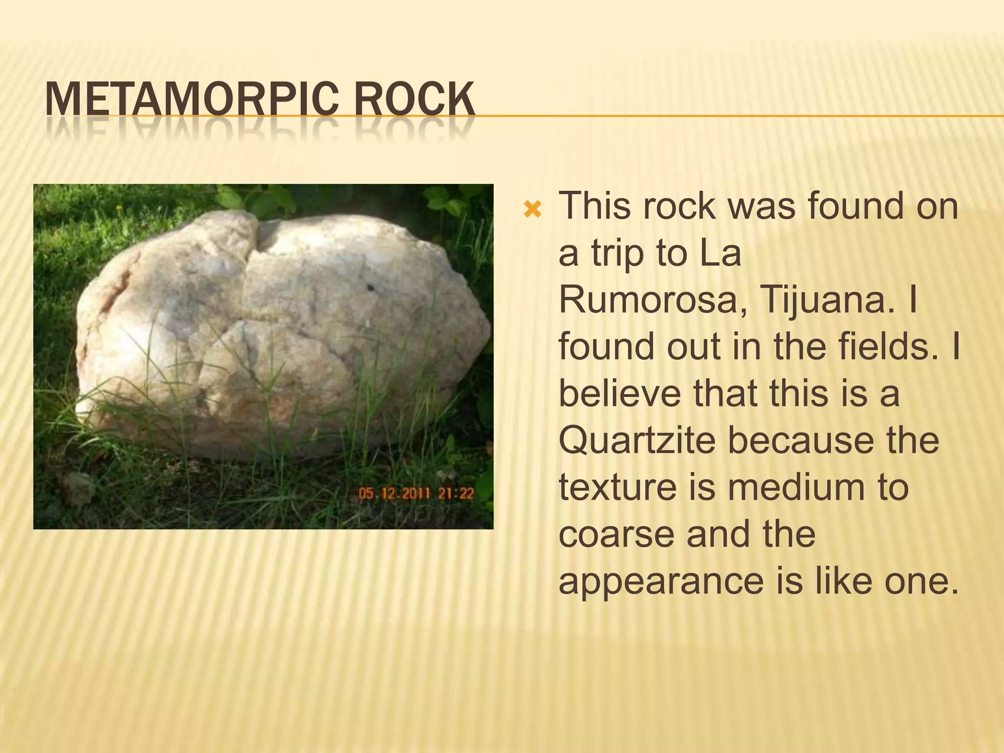 Metamorpic RockThis rock was found on a trip to La Rumorosa, Tijuana. I found out in the fields. I believe that this is a Quartzite because the texture is medium to coarse and the appearance is like one.