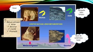 Kasar
Daripada
batu
lumpur
Bukit &
sederhana
kasar
 Batuan jelmaan
 Keras
 Bersinar
 Cantik
 Prismatik
 