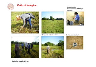 Il sito di indagine
Indagini geoelettriche
Particolare elettrodo attivo
Acquisizione dati
Georesistivimetro PUNKTlight 
Lippmann
Posa cavi in ambiente palustre
 