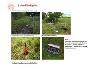 Il sito di indagine
Indagini audiomagnetotelluriche
Inserimento sensore magnetico (asse z)
Inserimento sensore magnetico (asse x ‐ y)
Ricevitore Phoenix MTU‐5
NOTA:
Trattandosi di ambiente tropicale con 
frequenti temporali (energia rilasciata 
da fulmini) e distante da fonti di 
disturbo EM, il segnale AMT è sempre 
stato soddisfacente
 