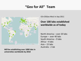 “Geo for All” Team
ICA-OSGeo MoU in Sep 2011
Over 100 labs established
worldwide as of today
North America – over 20 labs
Europe – over 40 labs
South America – 9 labs
Africa – 4 labs
Asia – 15 labs
Australia - 2 lab
Will be establishing over 1000 labs in
universities worldwide by 2018
 