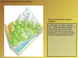 Copie aqui um mapa do relevo brasileiro. Faça uma descrição do relevo brasileiro. O  formação do relevo brasileiro  Tem  várias paisagens,animais  e  Outros prazeres muito bonitos E uma vista bela.Só que sofre o  Problemas por causa das erosões Que são causados pelo homem. 