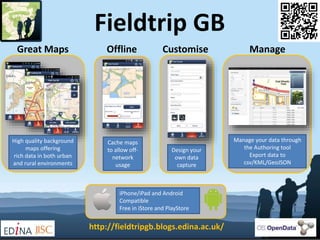 Fieldtrip GB
High quality background
maps offering
rich data in both urban
and rural environments
Cache maps
to allow off-
network
usage
Design your
own data
capture
Manage your data through
the Authoring tool
Export data to
csv/KML/GeoJSON
Great Maps ManageCustomiseOffline
iPhone/iPad and Android
Compatible
Free in iStore and PlayStore
http://fieldtripgb.blogs.edina.ac.uk/
 