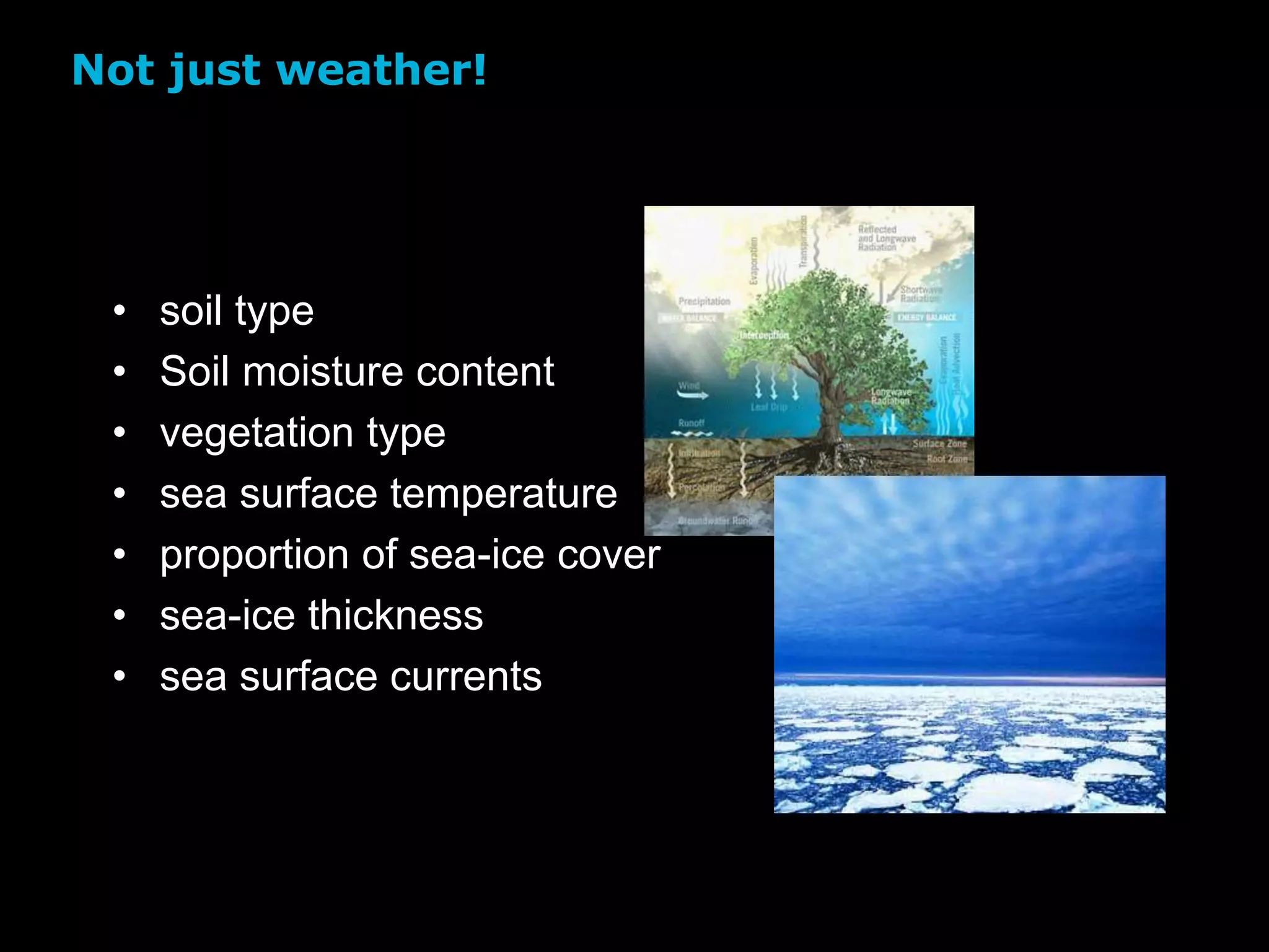 • soil type
• Soil moisture content
• vegetation type
• sea surface temperature
• proportion of sea-ice cover
• sea-ice thickness
• sea surface currents
Not just weather!
 
