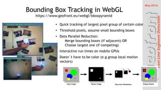 May 2016
24 of 38
FastLineSegmentDetection
Bounding Box Tracking in WebGL
https://www.geofront.eu/webgl/bboxpyramid

Quick tracking of largest pixel group of certain color

Threshold pixels, assume small bounding boxes

Data Parallel Reduction:
Merge bounding boxes (if adjacent) OR
Choose largest one (if competing)

Interactive run times on mobile GPUs

Doesn?t have to be color (e.g.group local motion
vectors)
 