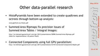 May 2016
26 of 38
FastLineDetection
Other data-parallel research
 HistoPyramids have been extended to create quadtrees and
octrees through bottom-up analysis:
www.geofront.eu/thesis.pdf

Summed Area Ripmaps fix precision issues of
Summed Area Tables / Integral Images:
http://on-demand.gputechconf.com/gtc/2012/presentations/S0096-Summed-Area-Ripmaps.pdf
(Note for implementation: US patent filed!)

Connected Components using full GPU parallelism:
http://on-demand.gputechconf.com/gtc/2013/presentations/S3193-Connected-Components-Kepler.pdf
 