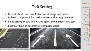 May 2016
5 of 38
FastLineSegmentDetection
Task Setting
 Reliable Real-time Line Detection in images and video
(a basic component for medium-level vision, e.g. in cars)
 Lines can be at any angle. Line start/end is important, too.
 Example input in automotive computer vision:
http://www.gmroadmarkings.co.uk/images/gm-road-markings-header.jpghttp://www.pringlesurfacing.co.uk/wp-content/uploads/road-markings-6.jpg
 