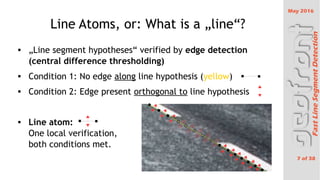 May 2016
7 of 38
FastLineSegmentDetection
Line Atoms, or: What is a ?line?
 ?Line segment hypotheses verified by edge detection
(central difference thresholding)
 Condition 1: No edge along line hypothesis (yellow)
 Condition 2: Edge present orthogonal to line hypothesis
 Line atom:
One local verification,
both conditions met.
 