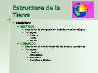 Estructura de la Tierra Modelos: ESTÁTICO : Basado en la composición química y mineralógica Distingue: Corteza Manto Núcleo DINÁMICO : Basado en el movimiento de las Placas tectónicas  Distingue: Litosfera Astenosfera Mesosfera Endosfera o Núcleo 