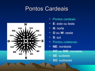 Pontos CardeaisPontos Cardeais
• Pontos cardeais
• E: este ou leste
• N: norte
• O ou W: oeste
• S: sul
• Pontos colaterais
• NE: nordeste
• NO ou NW: noroeste
• SE: sudeste
• SO: sudoeste
 