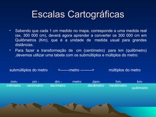 Escalas CartográficasEscalas Cartográficas
• Sabendo que cada 1 cm medido no mapa, corresponde a uma medida real
(ex. 300 000 cm), deverá agora aprender a converter os 300 000 cm em
Quilômetros (Km), que é a unidade de medida usual para grandes
distâncias.
• Para fazer a transformação de cm (centímetro) para km (quilômetro)
,devemos utilizar uma tabela com os submúltiplos e múltiplos do metro:
submúltiplos do metro <-------metro ---------> múltiplos do metro
mm-
milímetro
cm -
centímetro
dm -
decímetro
metro dam-
decâmetro
hm-
hectômetro
km-
quilômetro
 