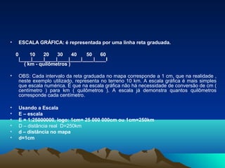 • ESCALA GRÁFICA: é representada por uma linha reta graduada.
0 10 20 30 40 50 60
|____|____|____|____|____|____|____I
( km - quilômetros )
• OBS: Cada intervalo da reta graduada no mapa corresponde a 1 cm, que na realidade ,
neste exemplo utilizado, representa no terreno 10 km. A escala gráfica é mais simples
que escala numérica. É que na escala gráfica não há necessidade de conversão de cm (
centímetro ) para km ( quilômetros ). A escala já demonstra quantos quilômetros
corresponde cada centímetro.
• Usando a Escala
• E – escala
• E = 1:25000000, logo: 1cm= 25 000 000cm ou 1cm=250km
• D – distância real D=250km
• d – distância no mapa
• d=1cm
 