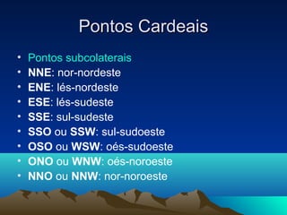 Pontos CardeaisPontos Cardeais
• Pontos subcolaterais
• NNE: nor-nordeste
• ENE: lés-nordeste
• ESE: lés-sudeste
• SSE: sul-sudeste
• SSO ou SSW: sul-sudoeste
• OSO ou WSW: oés-sudoeste
• ONO ou WNW: oés-noroeste
• NNO ou NNW: nor-noroeste
 