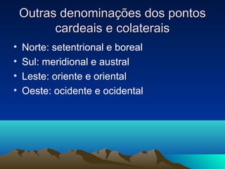 Outras denominações dos pontosOutras denominações dos pontos
cardeais e colateraiscardeais e colaterais
• Norte: setentrional e boreal
• Sul: meridional e austral
• Leste: oriente e oriental
• Oeste: ocidente e ocidental
 