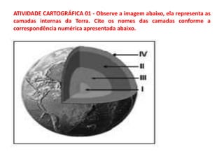 ATIVIDADE CARTOGRÁFICA 01 - Observe a imagem abaixo, ela representa as
camadas internas da Terra. Cite os nomes das camadas conforme a
correspondência numérica apresentada abaixo.
 