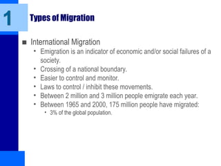 Types of Migration
■ International Migration
• Emigration is an indicator of economic and/or social failures of a
society.
• Crossing of a national boundary.
• Easier to control and monitor.
• Laws to control / inhibit these movements.
• Between 2 million and 3 million people emigrate each year.
• Between 1965 and 2000, 175 million people have migrated:
• 3% of the global population.
1
 