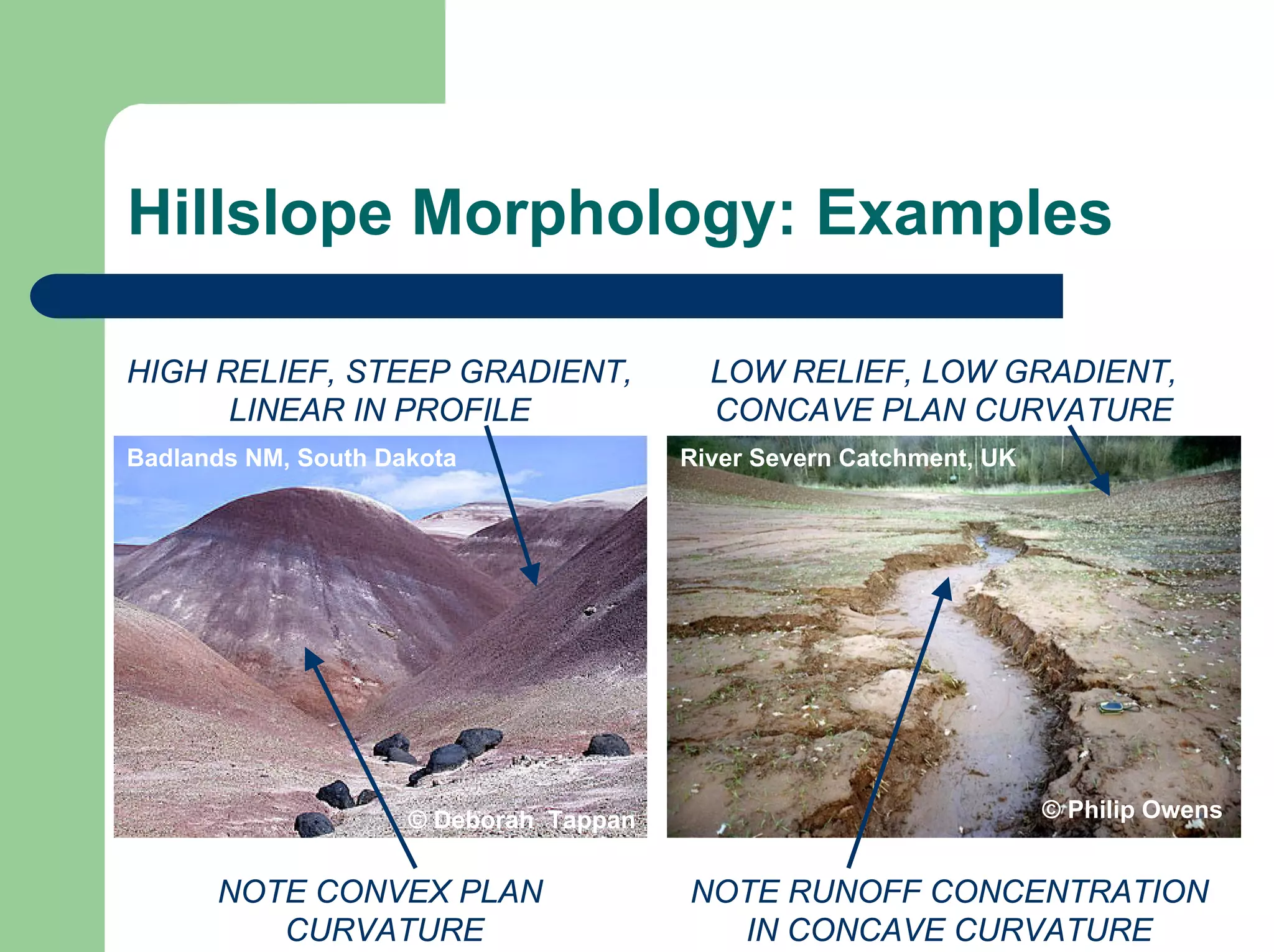 Hillslope Morphology: Examples
HIGH RELIEF, STEEP GRADIENT,
LINEAR IN PROFILE
NOTE CONVEX PLAN
CURVATURE
© Philip Owens
LOW RELIEF, LOW GRADIENT,
CONCAVE PLAN CURVATURE
River Severn Catchment, UK
NOTE RUNOFF CONCENTRATION
IN CONCAVE CURVATURE
© Deborah Tappan
Badlands NM, South Dakota
 