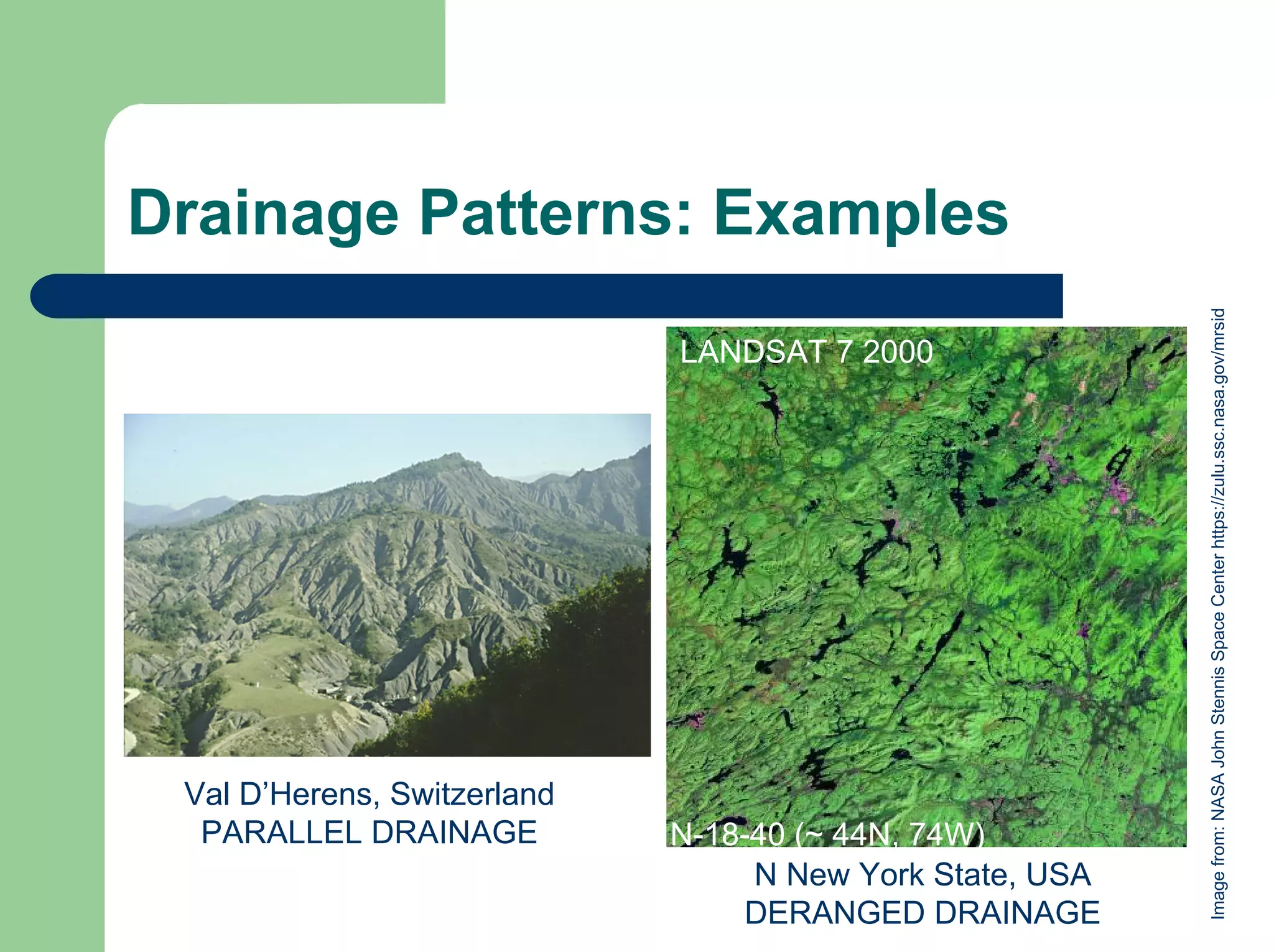 Drainage Patterns: Examples
Image
from:
NASA
John
Stennis
Space
Center
https://zulu.ssc.nasa.gov/mrsid
N-18-40 (~ 44N, 74W)
LANDSAT 7 2000
N New York State, USA
DERANGED DRAINAGE
Val D’Herens, Switzerland
PARALLEL DRAINAGE
 