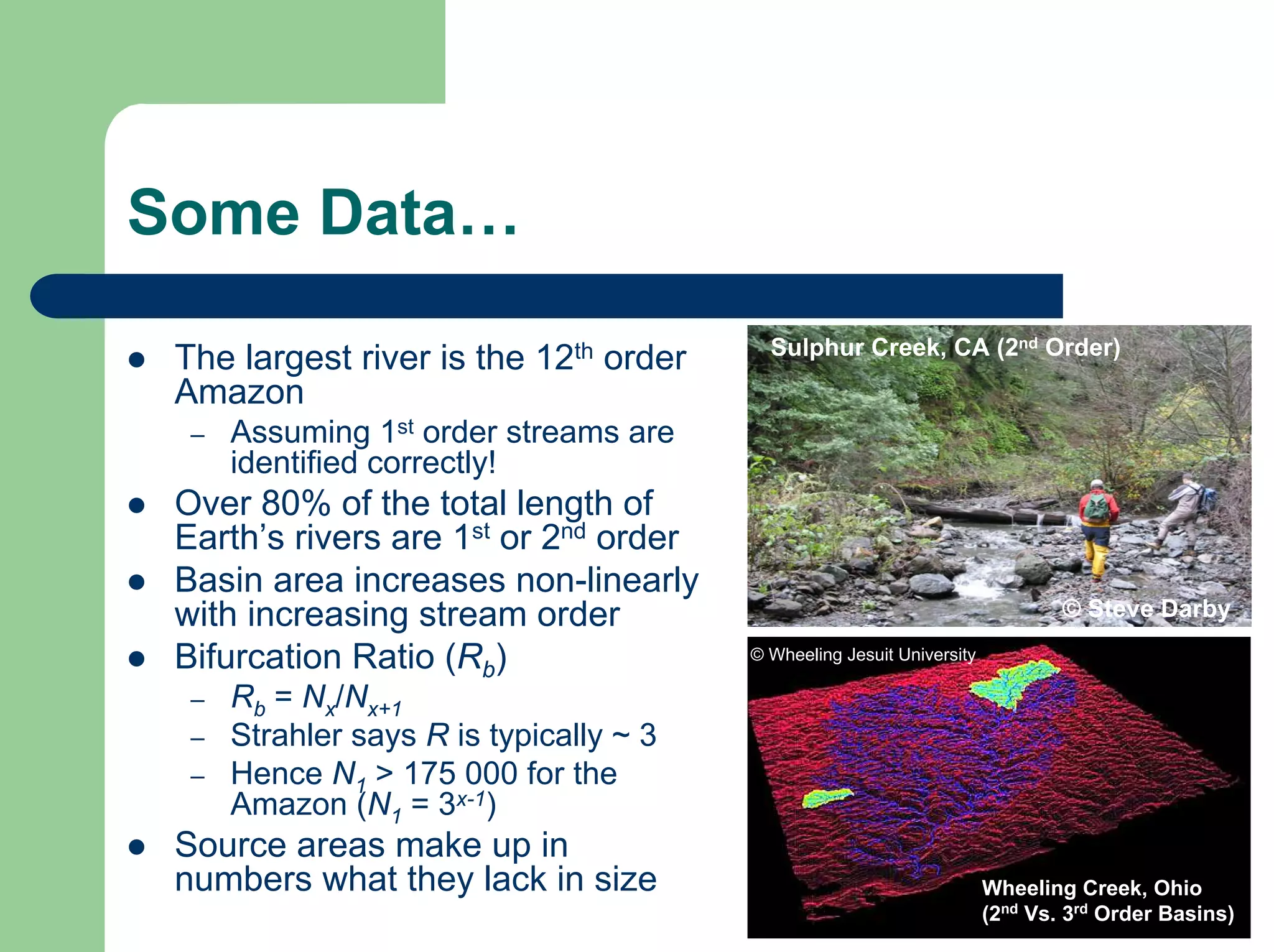 Some Data…
Wheeling Creek, Ohio
(2nd
Vs. 3rd
Order Basins)
Sulphur Creek, CA (2nd Order)
© Steve Darby
© Wheeling Jesuit University
z The largest river is the 12th order
Amazon
– Assuming 1st order streams are
identified correctly!
z Over 80% of the total length of
Earth’s rivers are 1st or 2nd order
z Basin area increases non-linearly
with increasing stream order
z Bifurcation Ratio (Rb)
– Rb = Nx/Nx+1
– Strahler says R is typically ~ 3
– Hence N1 > 175 000 for the
Amazon (N1 = 3x-1)
z Source areas make up in
numbers what they lack in size
 