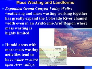 Mass Wasting and Landforms
 Typical hillslope elements are defined and
dominated by different types of mass wasting
and s...
