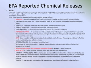 Methodology:1. The data was collected and downloaded from the EPA.gov website then saved as a .csv file in Excel.  Fields and data were massaged in order to import properly into ArcMap. 2. Data collected was as follows: EPA Reported Chemical Releases ZipCode 97124, Waste Transfers for Further processing, Quantities of Waste treated and/or disposed of On and Off site and list of EPA Regulated Facilities.2. The data was then added to ArcMap and Geocoded using the RLIS Streets address coder referencing  -Address, City, State and Zip.  3.  Buffers at 1, 2, 3 miles from apartment complex added for visual effects.4. No other operations where done on the shapefiles. Methodology: The Release data was used to map those facilities regulated by the EPA - points.  Total waste management and Fugitive Air Emissions were mapped using graduated symbols for settings ranges to the data. The Waste Transfer, combined Waste Transfer and Total Waste Management  and the Fugitive vs. Point Source Air emissions were mapped using pie charts to represent the data. A chart of the Human Health Hazard and Total Health Hazards scores was provided from Excel.EPA Reported Chemical Releases