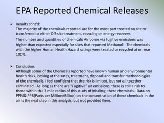 EPA Reported Chemical ReleasesResults:1. The EPA has 130 regulated sites reporting to it from ZipCode 97124. Of those, only 10 reported 	chemical releases for the period up to October 2007.  2. For those reporting releases the Chemicals reported were as follows:AMMONIA  - Approximately 83% (as of 2003) of ammonia is used as fertilizers  mainly commercial usesCERTAIN GLYCOL ETHERS - are a group of solvents based on alkyl ethers of ethylene glycol commonly used in paints.COPPER  -  It is a ductile metal with very high thermal and electrical conductivity.COPPER COMPOUNDS  - For chemical compounds containing copper. ETHYLENE GLYCOL - a chemical compound widely used as an automotive antifreeze.HYDROGEN FLUORIDE  - HF is widely used in the petrochemical industry and a component of many superacids .  Upon contact with moisture, including tissue, hydrogen fluoride immediately converts to hydrofluoric acid, which is highly corrosive and toxic.LEAD  - Lead is used in building construction, lead-acid batteries, bullets and shot, weights, and is part of solder, pewter, fusible alloys and radiation shields.LEAD COMPOUNDS  - Any compound containing LeadMETHANOL - At room temperature it is a polar liquid and is used as an antifreeze, solvent, fuel, and as a denaturant for ethanol. NITRATE COMPOUNDS  - Any compound containing Nitrate (a Nitrate is a salt of nitric acid)NITRIC ACID - Is a highly corrosive and toxic strong acid that can cause severe burns.N-METHYL-2-PYRROLIDONE  - NMP is mainly used as a solvent for extraction in the petrochemical industry, as a reactive medium in polymeric and non-polymeric chemical reactions, as a remover of graffiti, as a paint stripper in the occupational setting, and for stripping and cleaning applications in the microelectronics fabrication industry.TOLUENE - It is an aromatic hydrocarbon that is widely used as an industrial feedstock and as a solvent.