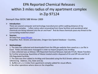 EPA Reported Chemical Releases within 3 miles radius of my apartment complex in Zip 97124 Donnych Diaz GEOG 588 Winter 2009 ,[object Object]