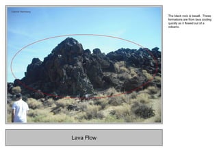 Lava Flow
The black rock is basalt. These
formations are from lava cooling
quickly as it flowed out of a
volcano.
 