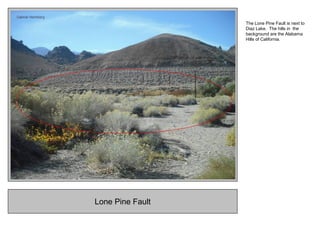 Lone Pine Fault
The Lone Pine Fault is next to
Diaz Lake. The hills in the
background are the Alabama
Hills of California.
 