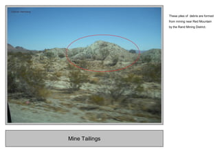 Mine Tailings
These piles of debris are formed
from mining near Red Mountain
by the Rand Mining District.
 