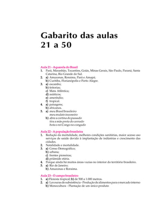 Gabarito das aulas
21 a 50

Aula 21 - Aquarela do Brasil
1. Pará, Maranhão, Tocantins, Goiás, Minas Gerais, São Paulo, Paraná, Santa
   Catarina, Rio Grande do Sul.
2. a) Amazonas, Roraima, Pará e Amapá;
   b) Curitiba, Florianópolis e Porto Alegre.
3. a) escambo;
   b) feitorias;
   c) Mata Atlêntica;
   d) asiáticos;
   e) ameríndio;
   f) tropical.
4. a) paisagens;
   b) africanos.
5. a) meu Brasil brasileiro
      meu mulato inzoneiro
   b) abre a cortina do passado
      tira a mãe preta do cerrado
      bota o rei Congo no congado

Aula 22 - A população brasileira
1. Redução da mortalidade, melhores condições sanitárias, maior acesso aso
   serviços de saúde devido à implantação de indústrias e crescimento das
   cidades.
2. Natalidade e mortalidade.
3. a) Censo Demográfico;
   b) urbana;
   c) frentes pioneiras;
   d) priâmide etária.
4. Porque ainda há muitos áreas vazias no interior do território brasileiro.
5. a) Rio de Janeiro;
   b) Amazonas e Roraima.

Aula 23 - O campo brasileiro
1. a) Floresta tropical; b) de 500 a 1.000 metros.
2. a) Lavouras de subsistência - Produção de alimentos para o mercado interno
   b) Monocultura - Plantação de um único produto
 