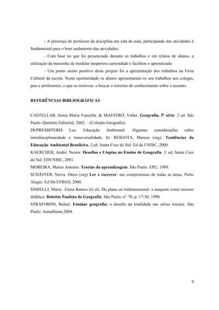 9
- A presença do professor da disciplina em sala de aula, participando das atividades é
fundamental para o bom andamento das atividades;
- Com base no que foi presenciado durante os trabalhos e em relatos de alunos, a
utilização da massinha de modelar despertou curiosidade e facilitou o aprendizado.
- Um ponto muito positivo deste projeto foi a apresentação dos trabalhos na Feira
Cultural da escola. Nesta oportunidade os alunos apresentaram os seu trabalhos aos colegas,
pais e professores, o que os motivou- a buscar o máximo de conhecimento sobre o assunto.
REFERÊNCIAS BIBLIOGRÁFICAS
CASTELLAR, Sonia Maria Vanzella. & MAESTRO, Valter. Geografia, 5ª série. 2 ed. São
Paulo: Quinteto Editorial, 2002. – (Coleção Geografia).
DEPRESBITERIS Lea. Educação Ambiental: Algumas considerações sobre
interdisciplinaridade e transversalidade. In: REIGOTA, Marcos (org). Tendências da
Educação Ambiental Brasileira. 2.ed: Santa Cruz do Sul: Ed da UNISC, 2000.
KAERCHER, André. Nestor. Desafios e Utopias no Ensino de Geografia. 3. ed, Santa Cruz
do Sul: EDUNISC, 2001.
MOREIRA, Marco Antonio. Teorias da aprendizagem. São Paulo: EPU, 1999.
SCHÄFFER, Neiva. Otero (org) Ler e escrever: um compromisso de todas as áreas. Porto
Alegre: Ed Da UFRGS, 2000.
SIMIELLI, Maria. .Elena Ramos (et al). Do plano ao tridimensional: a maquete como recurso
didático. Boletim Paulista de Geografia. São Paulo, n° 70, p. 17-30, 1990.
STRAFORINI, Rafael. Ensinar geografia: o desafio da totalidade nas séries iniciais. São
Paulo: Annablume,2004.
 