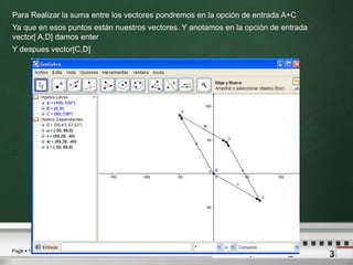 Para Realizar la suma entre los vectores pondremos en la opción de entrada A+C Ya que en esos puntos están nuestros vectores. Y anotamos en la opción de entrada vector[ A,D] damos enterY despues vector[C,D] 