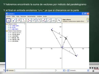 Y habremos encontrado la suma de vectores por método del paralelogramo Y al final en entrada anotamos “u+v “ ya que si checamos en la parte 