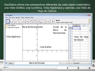 GeoGebra ofrece tres perspectivas diferentes de cada objeto matemático: una Vista Gráfica, una numérica, Vista Algebraica y además, una Vista de Hoja de Cálculo.