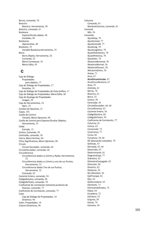 101 
 
Barras, comando, 76
Bisectriz
Bisectriz, Herramienta, 30
Bisectriz, comando, 61
Booleana
Expone/Oculta objeto, 48
Variables, 48
Booleanas
Operaciones, 48
Booleano, 35
Variable Booleana,Herramienta, 35
Borra
Borra Objeto, Herramienta, 26
Comando, 52
Menú Contextual, 18
Menú Edita, 85
C
Caja de Diálogo
Propiedades
para objetos, 17
Caja de Diálogo de Propiedades, 17
Pestañas, 18
Caja de Diálogo de Propiedades de Vista Gráfica, 17
Caja de Diálogo de Propiedades, Menú Edita, 86
Caja de Diçalogo de Propiedades
Imagen, 39
Caja de Herramientas, 14
Abrir, 25
Cambio de Opciones, 21
Capas, 101
Casilla de Control
Tamaño, Menú Opciones, 88
Casilla de Control para Exponer/Ocultar Objetos, 
Herramienta, 35
Celda
Entrada, 15
Centro, Comando, 58
Centroide, comando, 58
Cierra, Menú Archivo, 84
Cifras Significativas, Menú Opciones, 88
Círculo
Círculo Osculador, comando, 64
CírculoOsculador, comando, 66
Circunferencia
Circunferencia dados su Centro y Radio, Herramienta,
32
Circunferencia dados su Centro y uno de sus Puntos, 
Herramienta, 32
Circunferencia dados Tres de sus Puntos, 
Herramienta, 32
Comando, 63
Cociente Entero, comando, 54
CódigoDeLetra, comando, 68
CódigoDeTexto, comando, 70
Coeficiente de correlación momento‐producto de 
Pearson, comando, 77
Coeficiente de Correlación, comando, 77
Color
Caja de Diálogo de Propiedades, 18
Dinámico, 96
Color, Propiedades, 18
Colores Dinámicos, 96
Columna
Comando, 81
NombreColumna, comando, 81
Comandi
Mín, 56
Comando
AjusteExp, 78
AjusteLineal, 77
AjusteLinealX, 77
AjusteLog, 78
AjusteLogístico, 78
AjustePolinómico, 78
AjustePotencia, 78
AjusteSen, 78
AleatorioBinomial, 56
AleatorioNormal, 56
AleatorioPoisson, 56
AleratorioEntre, 56
Anexa, 71
Arco, 67
ArcoCircuncircular, 67
ArcoCircunferencia, 67
Area, 53
Asíntota, 61
Barras, 76
Bisectriz, 61
Borra, 52
Centro, 58
Centroide, 58
CírculoOsculador, 64, 66
Circunferencia, 63
Cociente Entero, 54
CódigoDeLetra, 68
CódigoDeTexto, 70
Coeficiente de Correlación, 77
Columna, 81
Cónica, 63
ConservaSi, 72
Covarianza, 77
Curva, 66
Curvatura, 54, 66
DE (desviación estándar), 79
Definido, 53
Derivada, 65, 66
Desarrolla, 65
Determinante, 81
DiagramaCaja, 77
Diámetro, 62
DiámetroConjugado, 62
Dirección, 60
Directriz, 62
Distancia, 54
Div (División), 54
EjePrincipal, 62
Ejes, 62
EjeSecundario, 62
Elemento, 71
EliminaIndefinidos, 73
Elipse, 64
Encadena, 72
EsEntero, 53
Esquina, 58
Extrae, 74
Extremo, 58
 