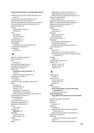 110 
 
Protocolo de Construcción como Página‐Web, Exporta,
20
Protocolo de Construcción, Cambio de Orden de los 
Pasos, 20
Protocolo de Construcción, Columnas, 20, 22
Protocolo de Construcción, Exporta, 20
Protocolo de Construcción, Inserta nuevo, Cambio, 20
Protocolo de Construcción, Punto de Ruptura, 20
Protocolo, Exporta, 20
PSTricks
Exporta, Menú Archivo, 84
Formato, 84
Punto
Comando, 59
Entrada Directa, 44
Nombre, 41, 44
Punto de Ruptura, 20
Punto Decimal, 43
Punto Medio
Punto Medio o Centro,Herramienta, 28
PuntoInflexión, comando, 58
PuntoMedio
Comando, 59
R
Radianes, convierte a grados, 43
Radio, comando, 56
Raíz
Comando, 59
Raíz cuadrada, Entrada Directa, 47
Raíz cúbica, Entrada Directa, 47
RangoCelda, comando, 81
Rastro, 102
Activa Rastro, Menú Contextual, 102
Borra, 87
Rastro Activo, Menú Contextual, 18
RazónDoble, comando, 54
RazónSimple
Comando, 53
Recálculo de Todos los Objetos, Menú Vista, 87
Recta
Comando, 62
Entrada Directa, 45
Nombre, 41, 45
Perpendicular, comando, 62
Perpendicular, Herramienta, 31
Recta que pasa por Dos Puntos, Herramienta, 31
Recta Paralela, Herramienta, 31
Recta Perpendicular
Herramienta, 31
Recta Polar, Herramienta, 31
Rectángulo de Exportación, 22
Rectángulo de Selección, 25
Rectas
Comandos, 61
Redefine, 101
Objeto fijo, 102
Redondeo
Entrada Directa, 48
Menú Opciones, 88
Refleja
Comando, 75
Refleja
Refleja Objeto en Recta, Herramienta, 36
Refleja Objeto por Punto, Herramienta, 37
Refleja Punto en Circunferencia, Herramienta, 37
Registra en Hoja de Cálculo
Menú Contextual, 19
Registra en Hoja de Cálculo, Herramienta, 27
Registra en Hoja de Cálculo, Menú Contextual, 19
Registra en Hoja de Cálculo, Opción, 19
Rehace, Menú Edita, 85
Relación
Comando, 52
Herramienta, 27
Renombra
Menú Contextual, 18
Opción Rápida, 26
Resta, Entrada Directa, 46
Restablecer
Barra de Herramientas Original, 17
Configuración Original, 21
Configuración Original, Menú Opciones, 90
Resto, comando, 56
Rota
Comando, 75
Rota en torno a un Punto, Herramienta, 27
Rota Objeto en torno a Punto, el Ángulo indicado, 
Herramienta, 37
Rotulado
Ajustes, 21
Rotulado, Menú Opciones, 89
Rótulos, 100
Expone  / Oculta, 100
Nombre y Valor, 100
Subtítulo, 100
S
Sección cónica
Nombre, 41
Sección Cónica
Cónica, comando, 63
Entrada Directa, 45
Nombre, 45
Sector
Comando, 68
Sector Circular dados su Centro y Dos Puntos, 
Herramienta, 33
SectorCircular, comando, 67
Sector Circumcircular
Sector dados Tres Puntos de su Arco, Herramienta,
34
SectorCircumcircular, comando, 67
Sectores, 33
Secuencia
Comando, 73
Segmento
Comando, 61
Segmento dados Punto Extremo y Longitud, 
Herramienta, 29
Segmento entre Dos Puntos, Herramienta, 29
Segmento, Comandos, 61
Selecciona
Selecciona Ascendientes, Menú Edita, 85
Objeto, 25
Selecciona Descendientes, Menú Edita, 85
 