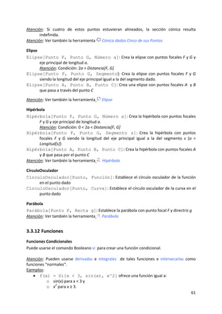 61 
 
Atención:  Si  cuatro  de  estos  puntos  estuvieran  alineados,  la  sección  cónica  resulta 
indefinida. 
Atención: Ver también la herramienta   Cónica dados Cinco de sus Puntos
Elipse 
Elipse[Punto F, Punto G, Número a]: Crea la elipse con puntos focales F y G y 
eje principal de longitud a. 
Atención: Condición: 2a > Distancia[F, G]  
Elipse[Punto F, Punto G, Segmento]: Crea la elipse con puntos focales F y G 
siendo la longitud del eje principal igual a la del segmento dado. 
Elipse[Punto A, Punto B, Punto C]: Crea una elipse con puntos focales A  y B 
que pasa a través del punto C 
 
Atención: Ver también la herramienta   Elipse 
Hipérbola 
Hipérbola[Punto F, Punto G, Número a]: Crea la hipérbola con puntos focales 
F y G y eje principal de longitud a.  
Atención: Condición: 0 < 2a < Distancia[F, G]  
Hipérbola[Punto F, Punto G, Segmento s]:  Crea  la  hipérbola  con  puntos 
focales  F  y  G  siendo  la  longitud  del  eje  principal  igual  a  la  del  segmento  s  (a  = 
Longitud[s])  
Hipérbola[Punto A, Punto B, Punto C]: Crea la hipérbola con puntos focales A 
y B que pasa por el punto C 
Atención: Ver también la herramienta  Hipérbola
CírculoOsculador 
CírculoOsculador[Punto, Función]: Establece el círculo osculador de la función 
en el punto dado 
CírculoOsculador[Punto, Curva]: Establece el círculo osculador de la curva en el 
punto dado  
Parábola 
Parábola[Punto F, Recta g]: Establece la parábola con punto focal F y directriz g  
Atención: Ver también la herramienta   Parábola 
3.3.12 Funciones 
Funciones Condicionales 
Puede usarse el comando Booleano si  para crear una función condicional.  
 
Atención:  Pueden  usarse  derivadas  e  integrales    de  tales  funciones  e  intersecarlas  como 
funciones “normales”. 
Ejemplos: 
• f(x) = Si[x < 3, sin(x), x^2] ofrece una función igual a: 
o sin(x) para x < 3 y  
o x2
 para x ≥ 3. 
 