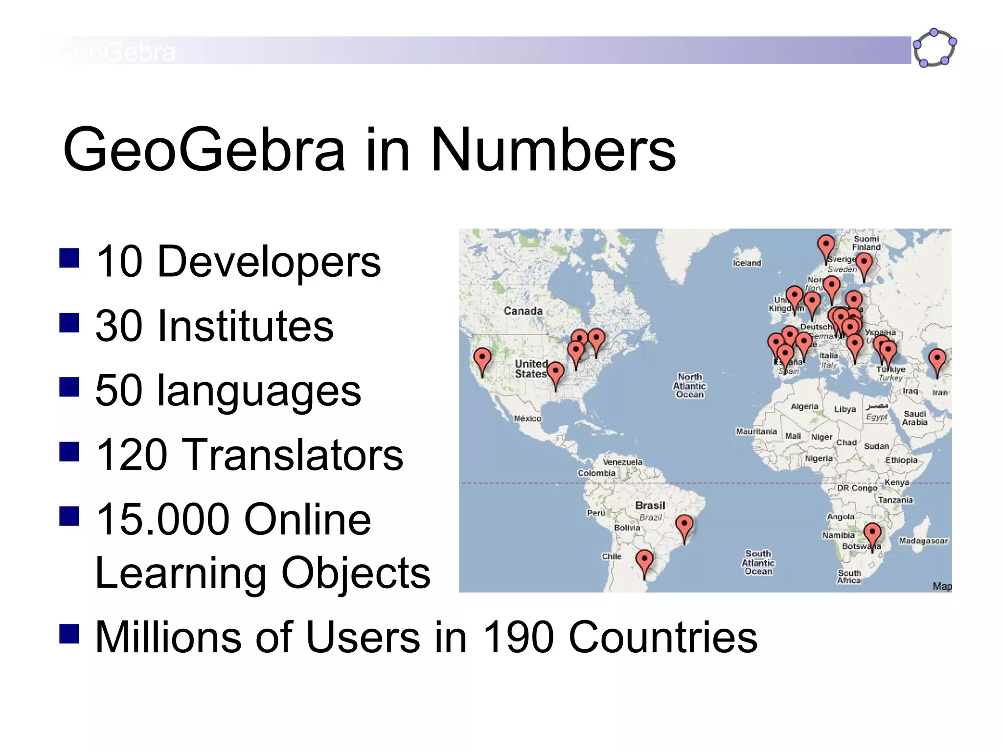 GeoGebra in Numbers 10 Developers 30 Institutes 50 languages 120 Translators 15.000 Online  Learning Objects Millions of Users in 190 Countries 