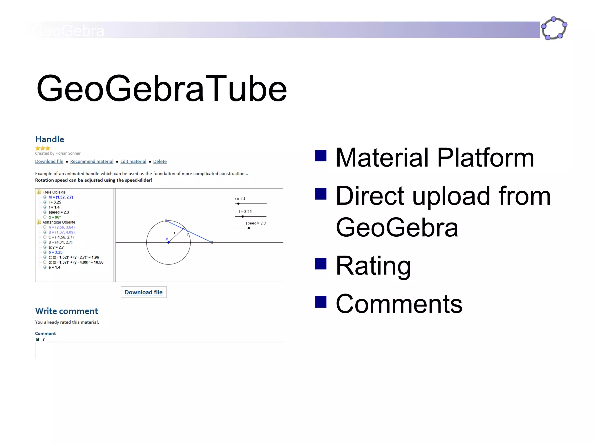 GeoGebraTube Material Platform Direct upload from GeoGebra Rating Comments 