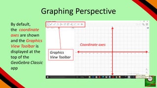 Graphing Perspective
By default,
the coordinate
axes are shown
and the Graphics
View Toolbar is
displayed at the
top of the
GeoGebra Classic
app
Graphics
View Toolbar
Coordinate axes
 