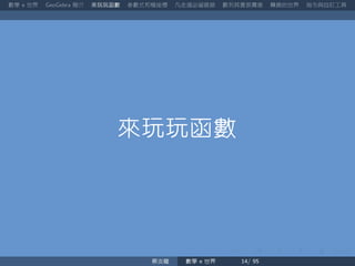 數學 世界 簡介 來玩玩函數 參數式和極座標 凡走過必留痕跡 數列其實很厲害 轉換的世界 指令與自訂工具
來玩玩函數
蔡炎龍 數學 世界
 