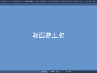 數學 世界 簡介 來玩玩函數 參數式和極座標 凡走過必留痕跡 數列其實很厲害 轉換的世界 指令與自訂工具
為函數上妝
蔡炎龍 數學 世界
 