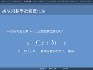 數學 世界 簡介 來玩玩函數 參數式和極座標 凡走過必留痕跡 數列其實很厲害 轉換的世界 指令與自訂工具
換成用數學為函數化妝
假設我有個函數 f(x) 我怎麼讓它變化呢
a · f(x + b) + c
每一個「化妝」 會讓函數有什麼不一樣呢
蔡炎龍 數學 世界
 
