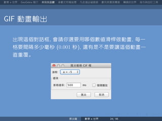 數學 世界 簡介 來玩玩函數 參數式和極座標 凡走過必留痕跡 數列其實很厲害 轉換的世界 指令與自訂工具
動畫輸出
出現這個對話框 會請你選要用哪個數值滑桿做動畫 每一
格要間隔多少毫秒 0.001 秒 還有是不是要讓這個動畫一
直重覆。
蔡炎龍 數學 世界
 
